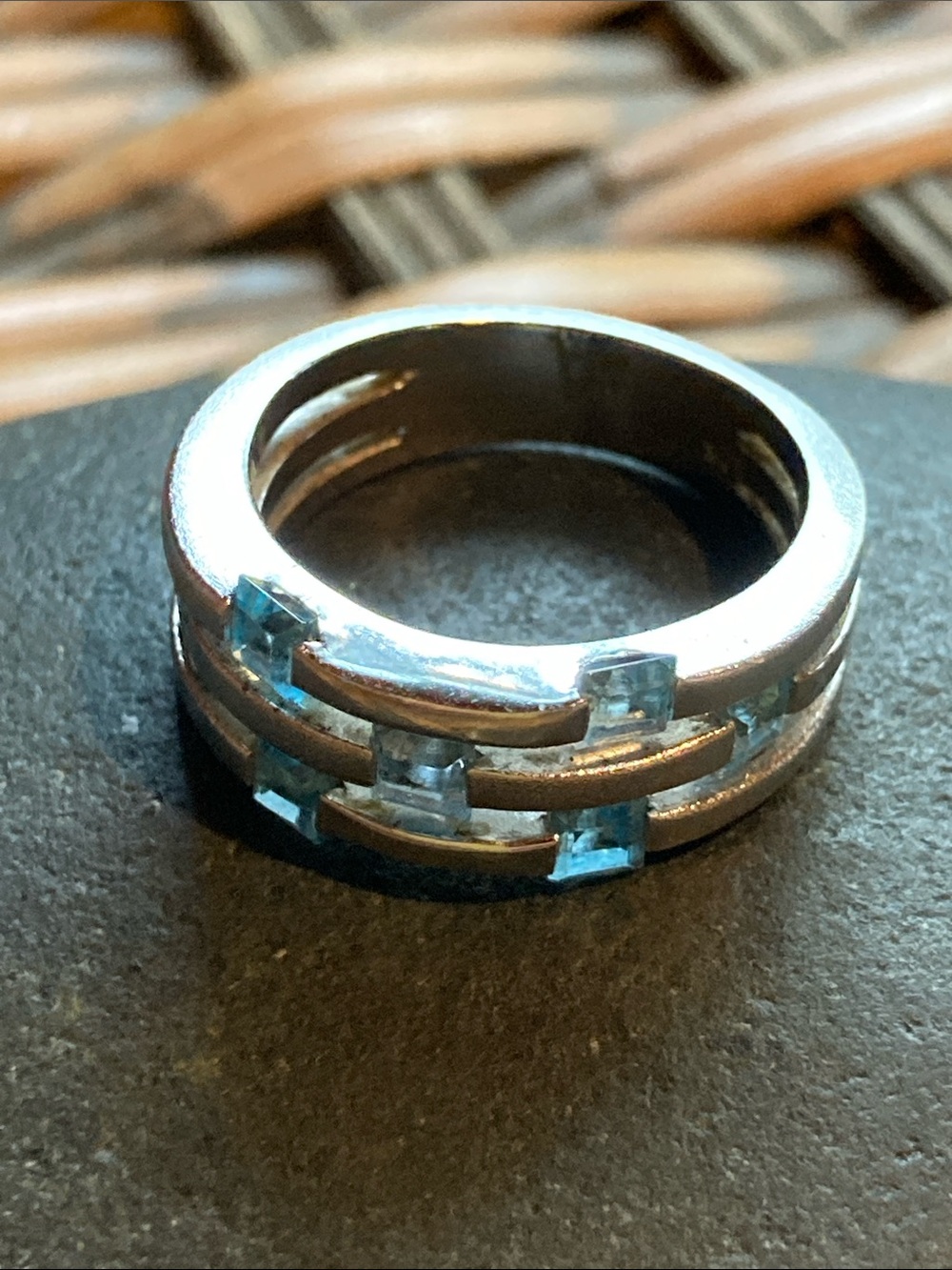Silver Band Ring with Light Blue Stone Inlays